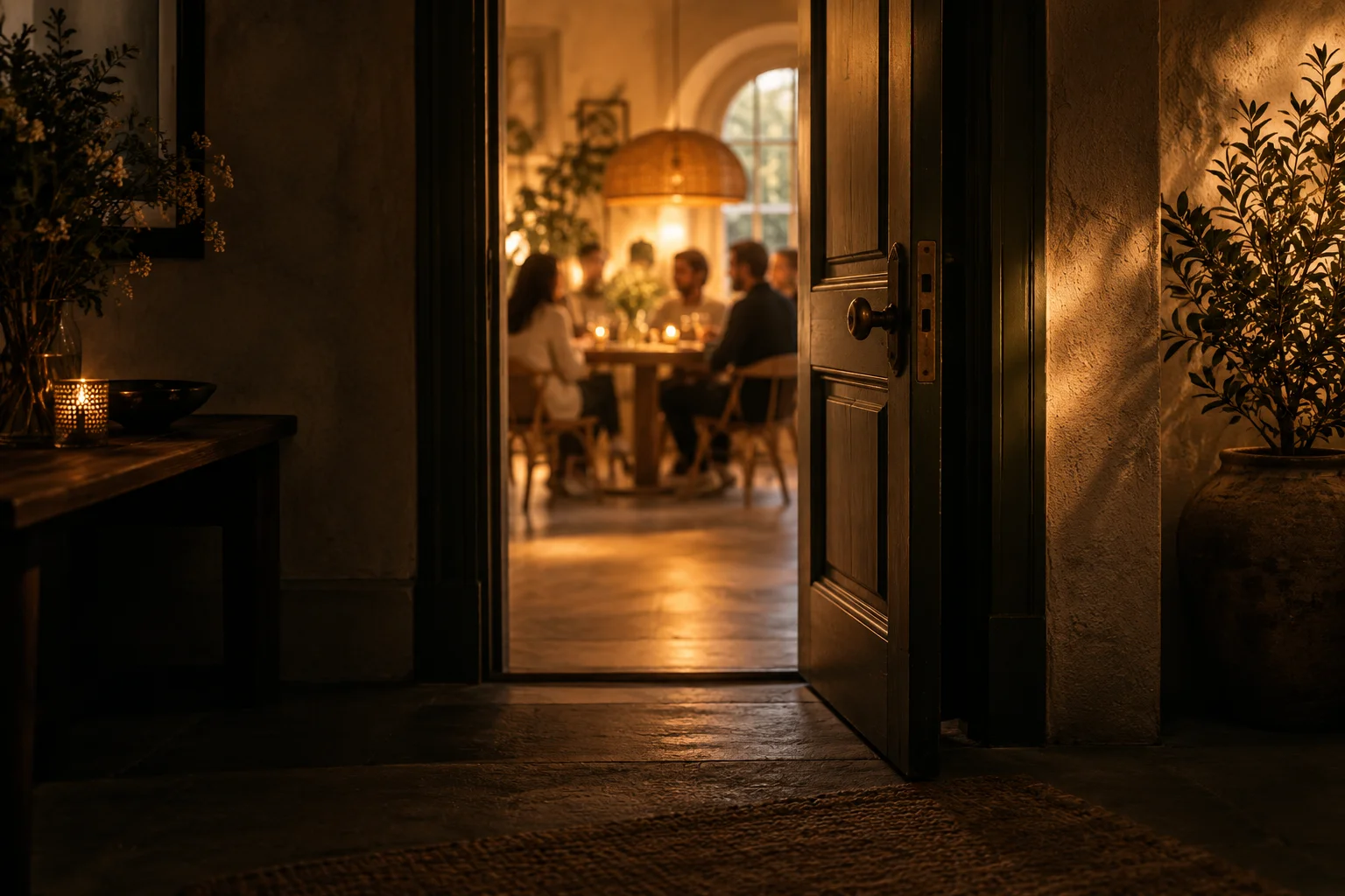 An open doorway offers a glimpse of a warmly lit gathering.